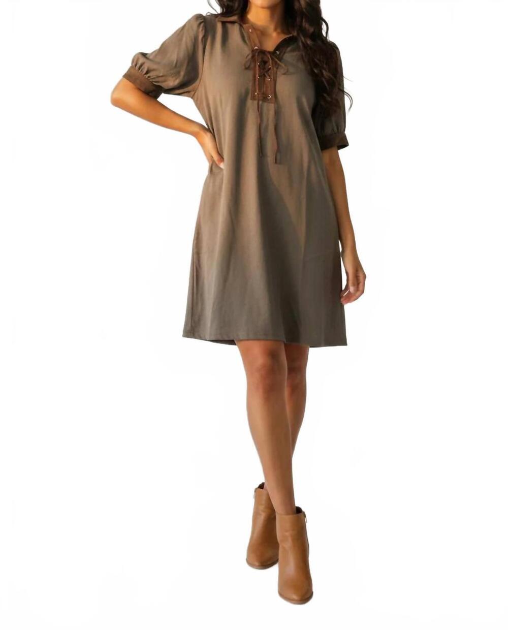 NEW SHE + SKY women's puff sleeve contrast neck lace up brushed twill mini dress